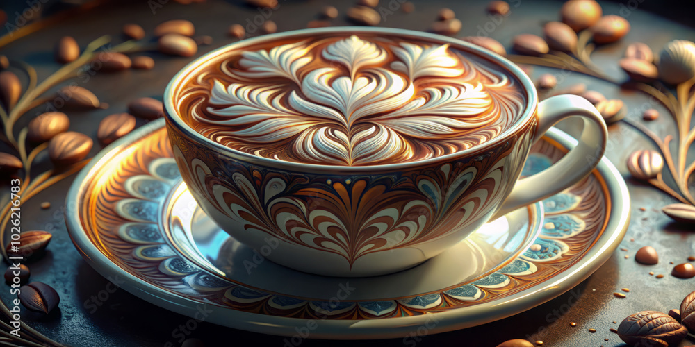 beautifully crafted cup of coffee featuring intricate latte art, surrounded by coffee beans and decorative elements. rich colors and detailed patterns create warm and inviting atmosphere beautifully crafted cup of coffee featuring intricate latte art, surrounded by coffee beans and decorative elements. rich colors and detailed patterns create warm and inviting atmosphere