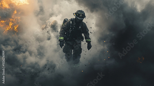 Firefighter saving a person, leading them through smoke