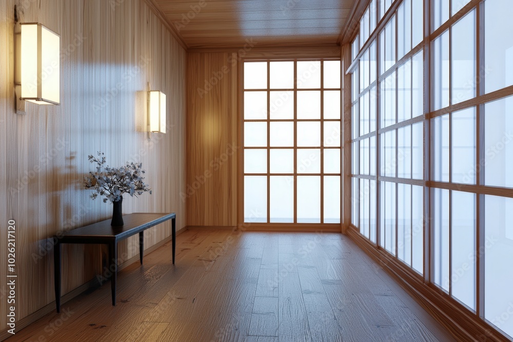 Serene minimalist hallway with wooden accents and natural light in a tranquil setting Serene minimalist hallway with wooden accents and natural light in a tranquil setting