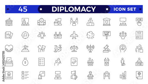 Diplomacy outline icon set with comprises spoken, written communication, leader, diplomats, international system and foreign policy.