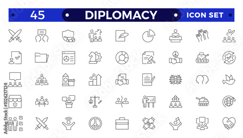 Diplomacy outline icon set with comprises spoken, written communication, leader, diplomats, international system and foreign policy.