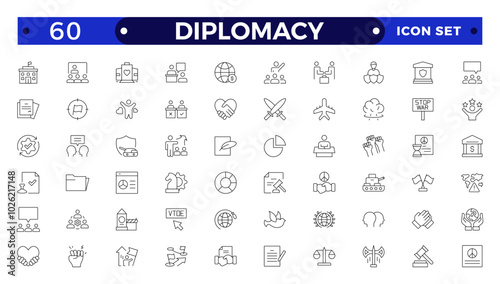 Diplomacy outline icon set with comprises spoken, written communication, leader, diplomats, international system and foreign policy.
