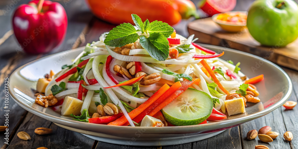 vibrant salad featuring fresh vegetables, nuts, and herbs, beautifully arranged on plate. colorful mix includes red bell peppers, cucumbers, and garnishes, creating appetizing and healthy dish vibrant salad featuring fresh vegetables, nuts, and herbs, beautifully arranged on plate. colorful mix includes red bell peppers, cucumbers, and garnishes, creating appetizing and healthy dish