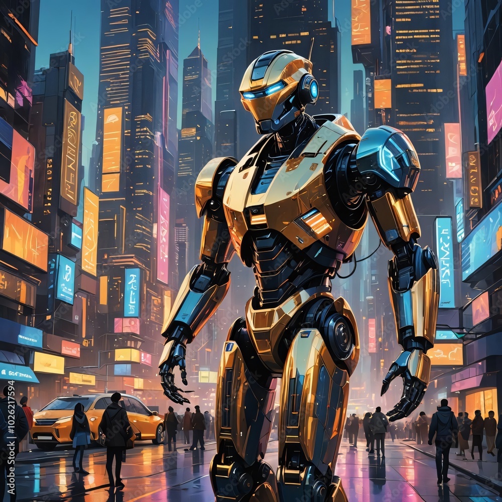 Cybernetic Warrior in Futuristic Neon Cityscape – High-Tech Future Cybernetic Warrior in Futuristic Neon Cityscape – High-Tech Future