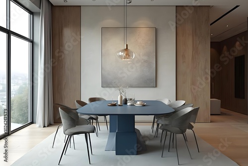 Japandi, minimalist interior design of modern living room. Dining room with blue dining table and stylish chairs