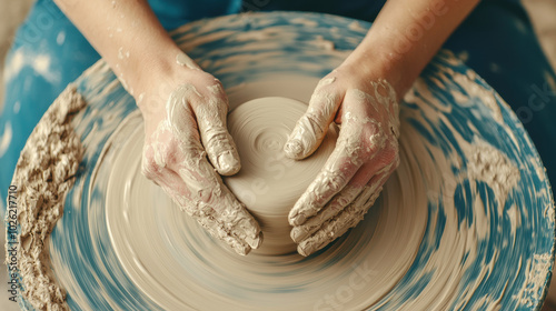 Hands shaping clay on a pottery wheel, creating a unique ceramic piece. photo