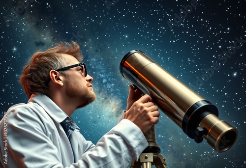 A scientist observing stars through a telescope Detailed descrip photo