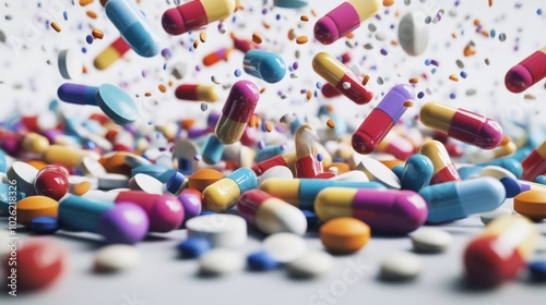 Capsules of various colors, sizes, and shapes falling into a pile on a smooth surface, representing variety in pharmaceuticals or supplements.