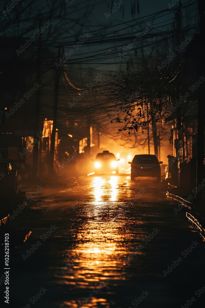 Obraz premium Night street with glowing car headlights