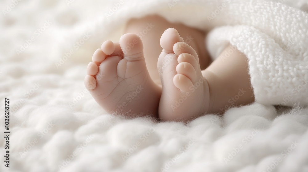 Close-up of delicate newborn baby feet in soft, white surroundings, radiating purity and innocence, evoking warmth and tenderness. Close-up of delicate newborn baby feet in soft, white surroundings, radiating purity and innocence, evoking warmth and tenderness.
