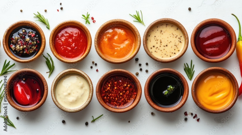 Colorful sauces presented in rustic bowls, laid out on a pristine white surface, captured from a top-down view, emphasizing vibrant colors and texture Colorful sauces presented in rustic bowls, laid out on a pristine white surface, captured from a top-down view, emphasizing vibrant colors and texture