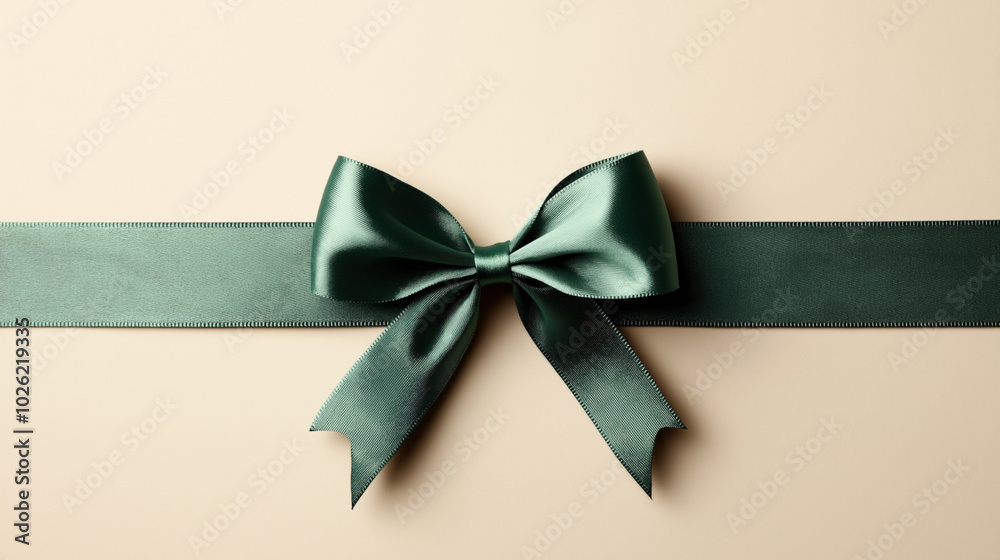 Elegant green satin ribbon tied into a bow on a beige background, suitable for gift wrapping or decoration. Elegant green satin ribbon tied into a bow on a beige background, suitable for gift wrapping or decoration.