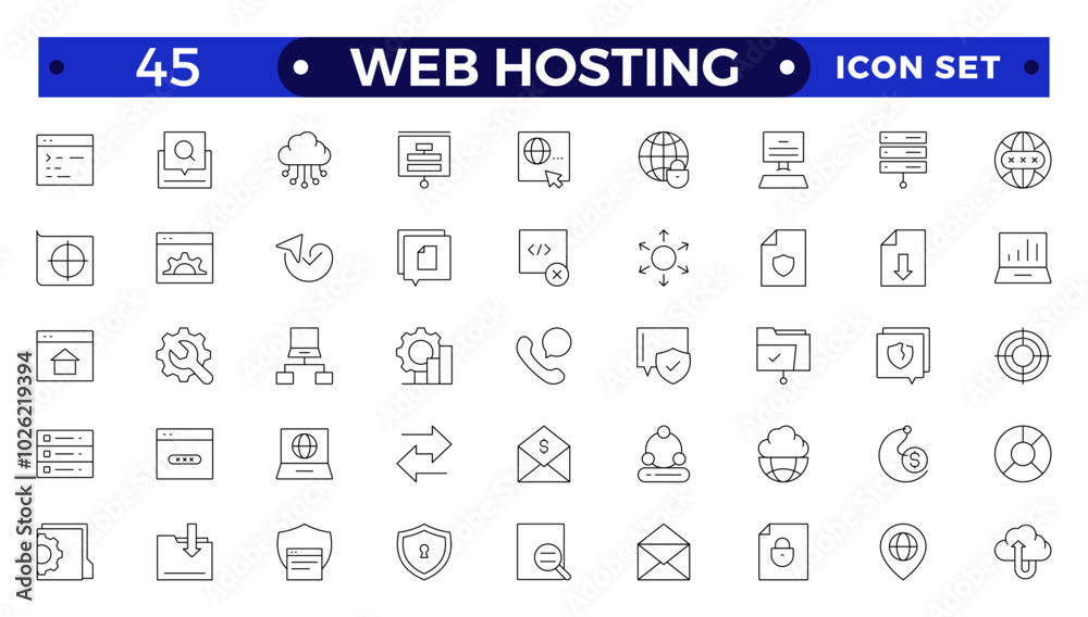 Web Hosting outline web icons set. Web hosting, server, CDN, VPN, domain, FTP, internet, backup, SSL, database and firewall. Web Hosting outline web icons set. Web hosting, server, CDN, VPN, domain, FTP, internet, backup, SSL, database and firewall.