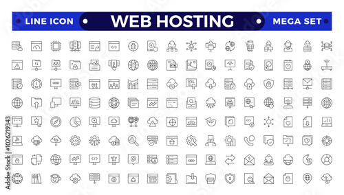 Web Hosting outline web icons set. Web hosting, server, CDN, VPN, domain, FTP, internet, backup, SSL, database and firewall.