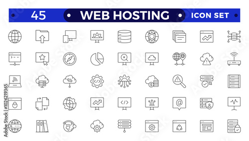 Web Hosting outline web icons set. Web hosting, server, CDN, VPN, domain, FTP, internet, backup, SSL, database and firewall.