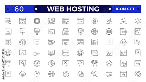 Web Hosting outline web icons set. Web hosting, server, CDN, VPN, domain, FTP, internet, backup, SSL, database and firewall.