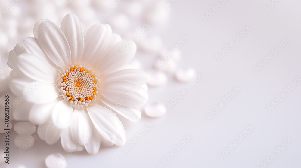 A beautiful white flower lies gracefully on a soft background, showcasing its intricate petals and vibrant center, evoking a sense of peace and simplicity A beautiful white flower lies gracefully on a soft background, showcasing its intricate petals and vibrant center, evoking a sense of peace and simplicity