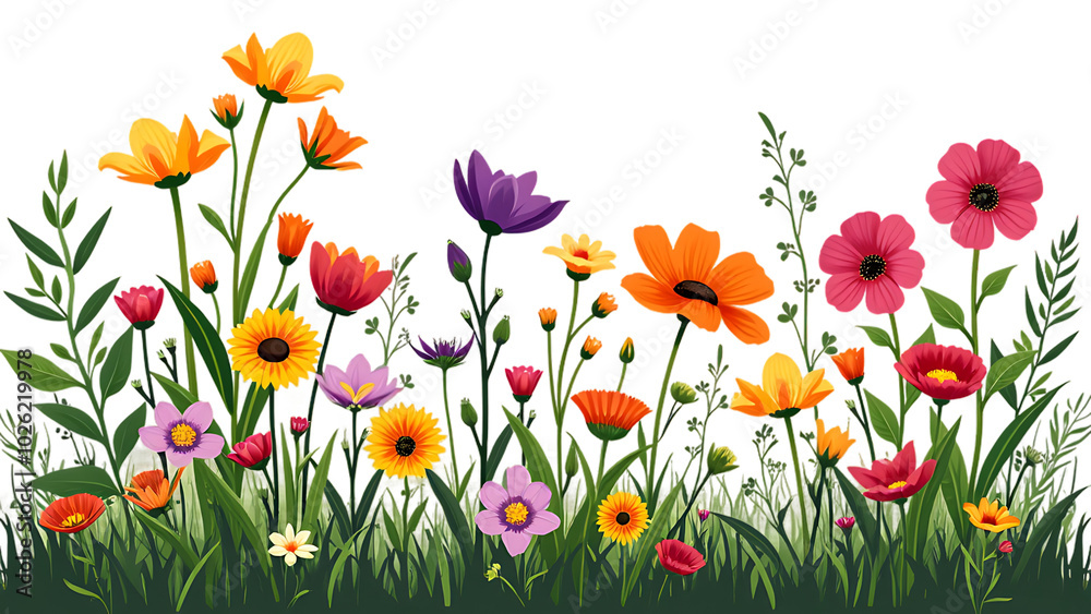Fototapeta premium Flower garden, meadow, and grass on a white background, png transparent