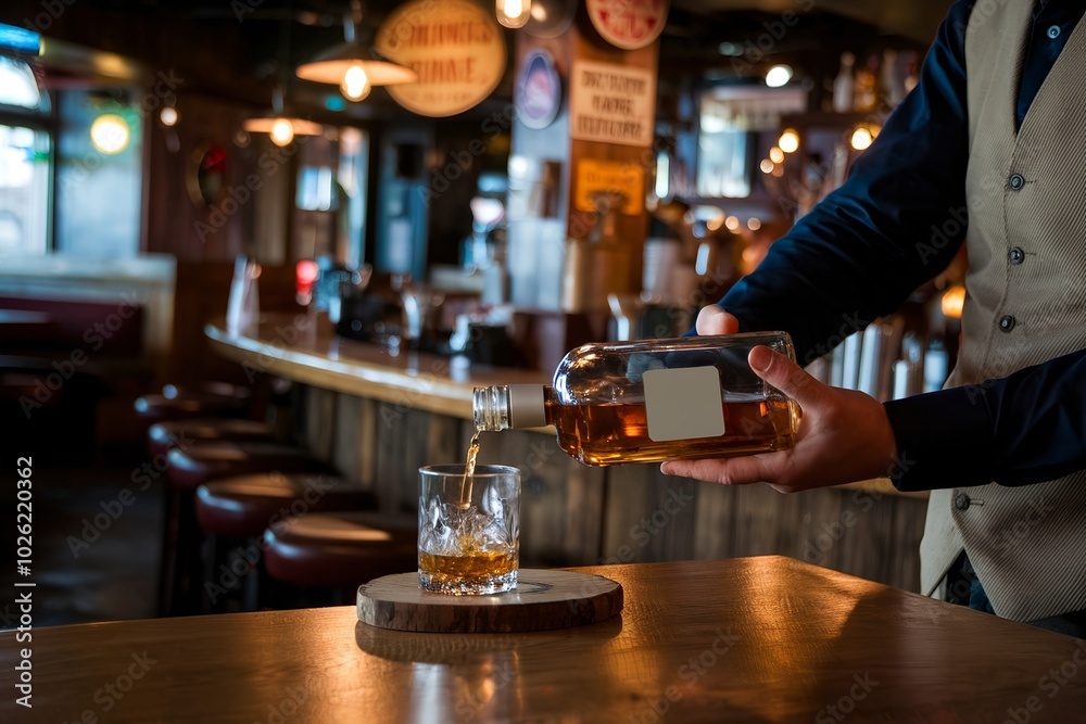 Bartender pouring whiskey into glass at rustic bar, Whiskey bottle and glass mockup in rustic bar setting. Bartender pouring whiskey into glass at rustic bar, Whiskey bottle and glass mockup in rustic bar setting.