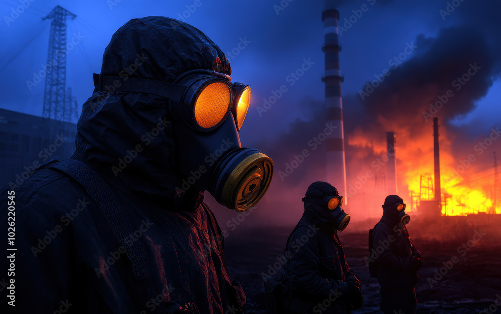 Amidst a fiery landscape, figures in gas masks stand watch, embodying resilience in an industrial wasteland while the ominous glow of pollution fills the air. Amidst a fiery landscape, figures in gas masks stand watch, embodying resilience in an industrial wasteland while the ominous glow of pollution fills the air.