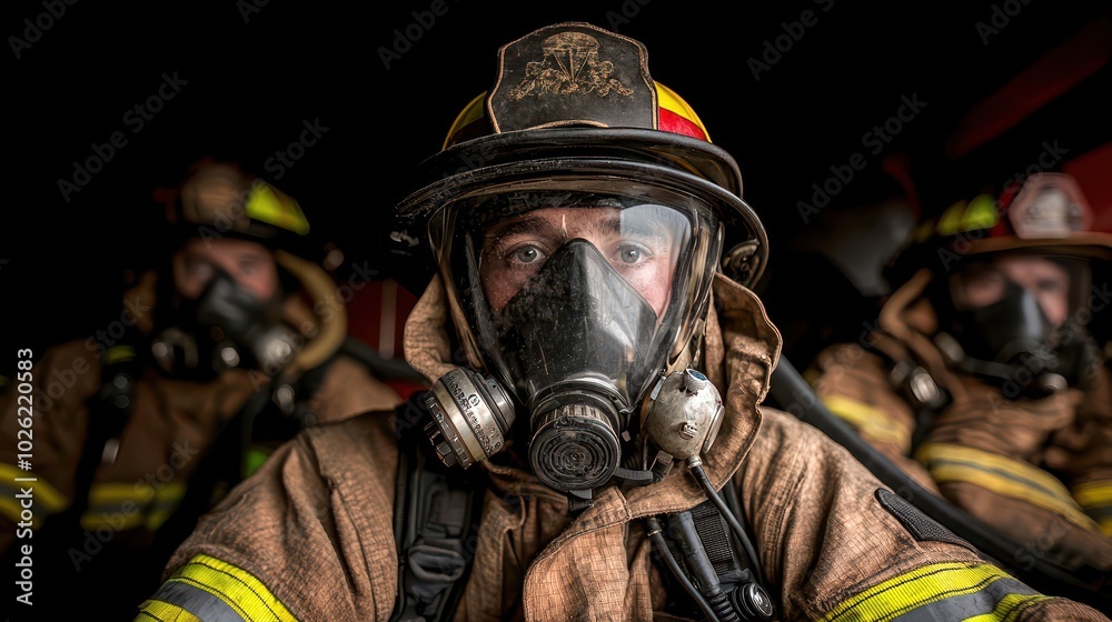 Firefighters in protective gear, ready for action, showcasing bravery and dedication in emergency situations. Firefighters in protective gear, ready for action, showcasing bravery and dedication in emergency situations.