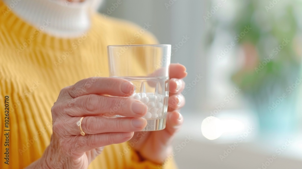 Elderly hands holding glass of water with tablets, wearing a yellow sweater. health, medication, and elderly care focus.