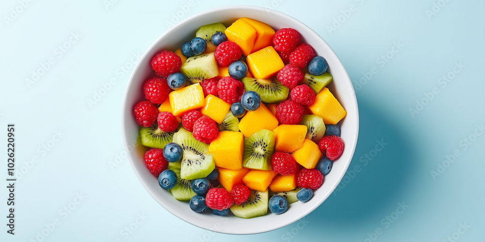 A vibrant fruit salad featuring fresh berries, kiwi, and mango against a light blue background. A vibrant fruit salad featuring fresh berries, kiwi, and mango against a light blue background.