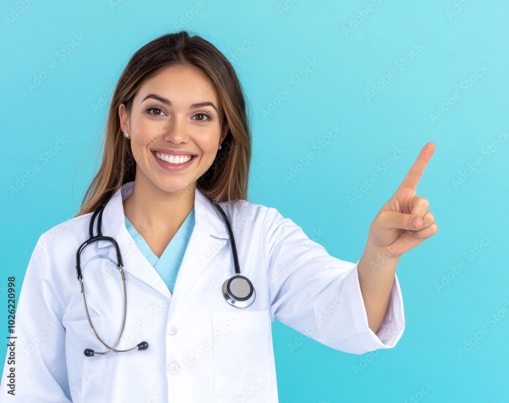 Smiling female doctor in white coat with stethoscope pointing upwards on blue background. healthcare, professionalism, and patient-friendly medical environment.