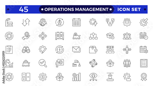 Operations management web icons in line style. Logistics, business process, maintenance, supply chain, improvement, planning,Audit, processing, operation  collection.