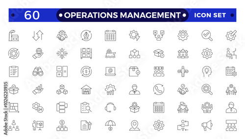 Operations management web icons in line style. Logistics, business process, maintenance, supply chain, improvement, planning,Audit, processing, operation  collection.