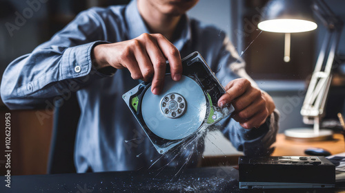 Person breaking a compact disc in a modern workspace, emphasizing digital media disruption. photo