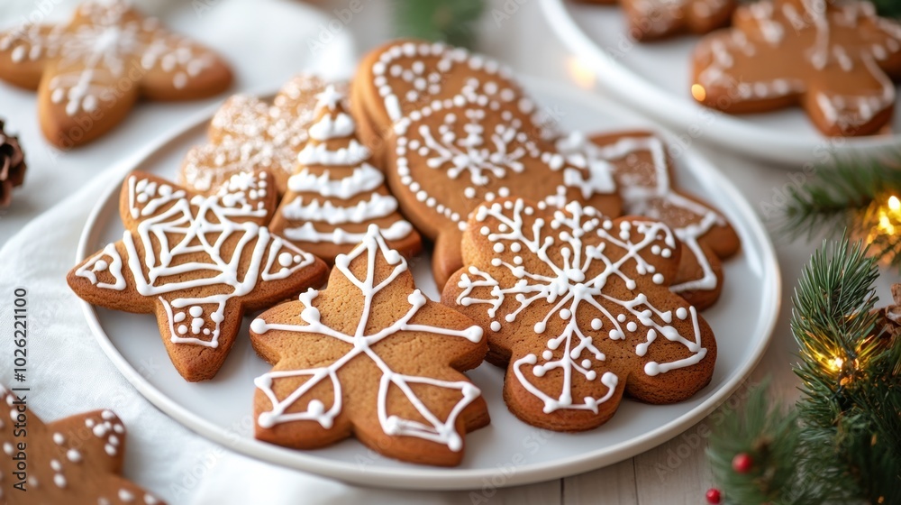 Gingerbread cookies, intricately decorated with icing, displayed on a white plate with festive garnishes, creating a warm and inviting holiday scene. Gingerbread cookies, intricately decorated with icing, displayed on a white plate with festive garnishes, creating a warm and inviting holiday scene.
