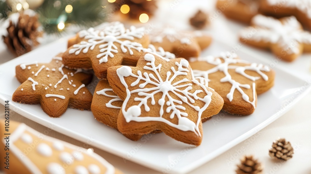 Gingerbread cookies, intricately decorated with icing, displayed on a white plate with festive garnishes, creating a warm and inviting holiday scene.