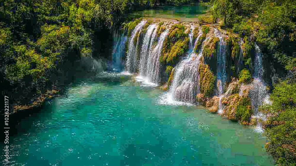 Drone view of a waterfall cascading into a clear blue river. Drone view of a waterfall cascading into a clear blue river.