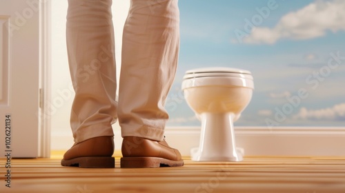 Person standing in front of toilet on wooden floor with sky view through open door. hygiene, home design, and modern restroom concepts. photo