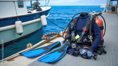 Wallpaper Mural Scuba diving gear including fins, mask, and tank set against a scenic ocean backdrop. Torontodigital.ca