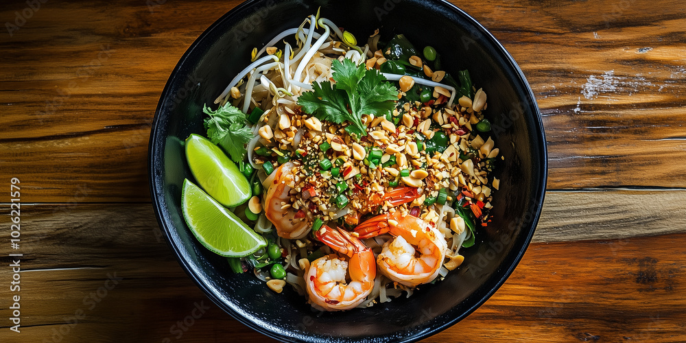 A delicious bowl of shrimp pad thai garnished with lime, peanuts, and cilantro on a wooden table. A delicious bowl of shrimp pad thai garnished with lime, peanuts, and cilantro on a wooden table.