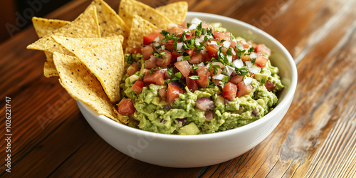 A bowl of fresh guacamole topped with diced tomatoes and cilantro, served with tortilla chips on a wooden table.