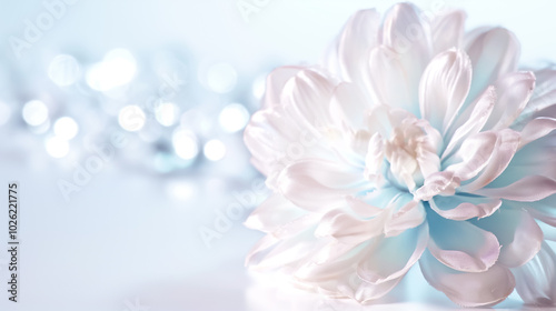 A beautifully crafted artificial flower with soft blue and white petals gently rests on a pristine white surface, radiating elegance and charm amid a dreamy atmosphere