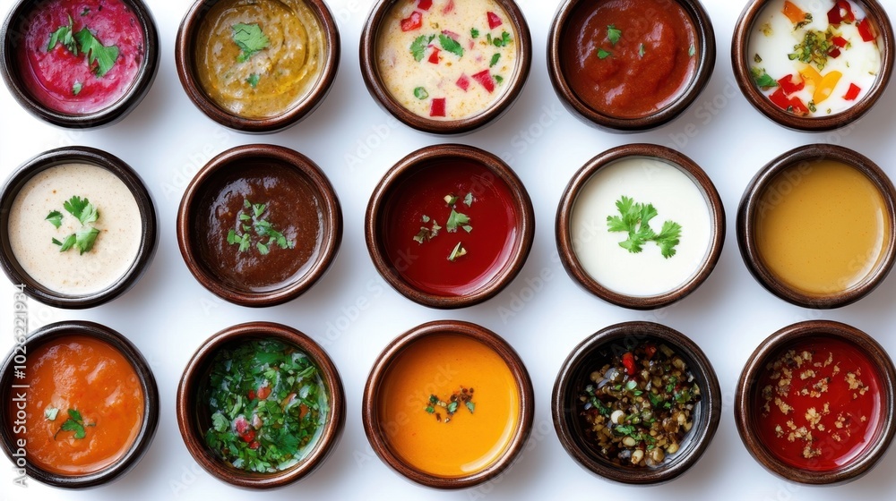 Rustic ceramic bowls filled with a vibrant assortment of sauces, arranged in a neat pattern on a white background, offering a top-down view for culinary inspiration. Rustic ceramic bowls filled with a vibrant assortment of sauces, arranged in a neat pattern on a white background, offering a top-down view for culinary inspiration.