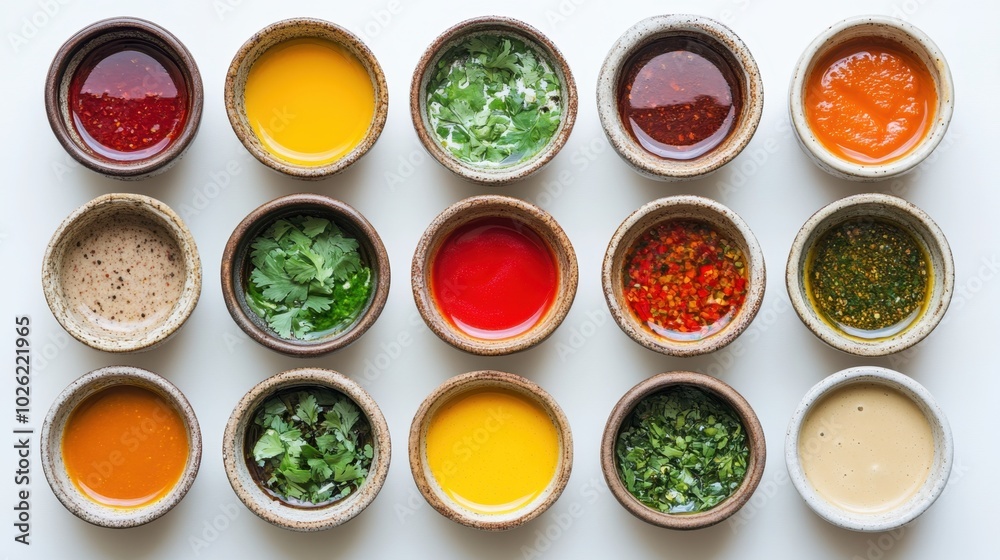 Rustic ceramic bowls filled with a vibrant assortment of sauces, arranged in a neat pattern on a white background, offering a top-down view for culinary inspiration. Rustic ceramic bowls filled with a vibrant assortment of sauces, arranged in a neat pattern on a white background, offering a top-down view for culinary inspiration.