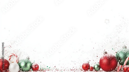 Festive holiday decorations featuring red, green, and white ornaments with candy canes in a snowy atmosphere during the winter season photo