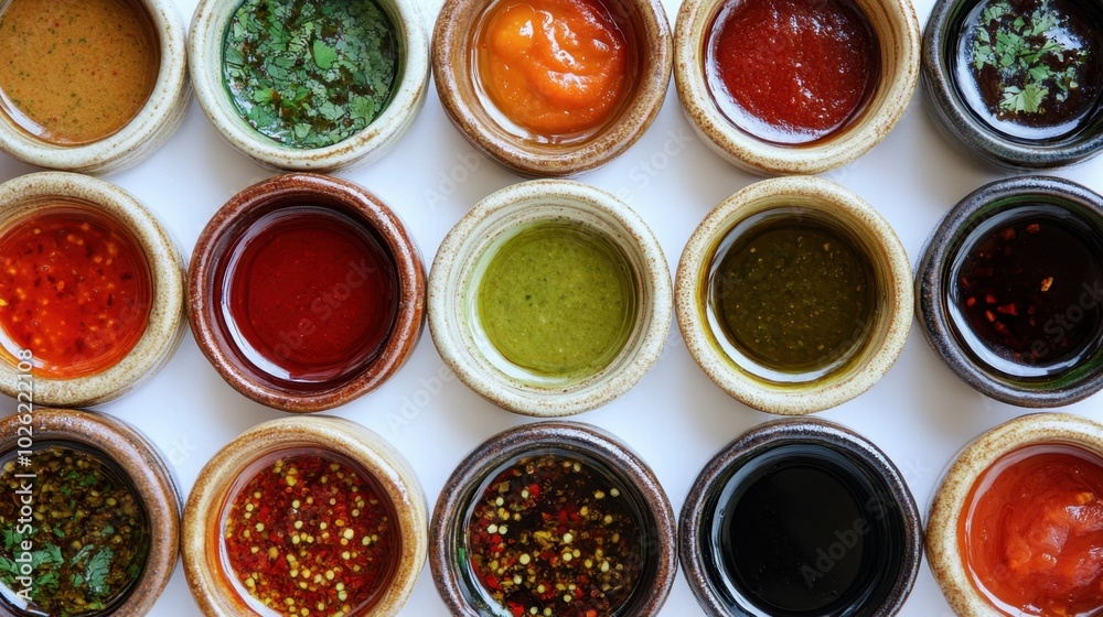 Rustic ceramic bowls filled with a vibrant assortment of sauces, arranged in a neat pattern on a white background, offering a top-down view for culinary inspiration. Rustic ceramic bowls filled with a vibrant assortment of sauces, arranged in a neat pattern on a white background, offering a top-down view for culinary inspiration.