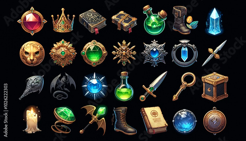 Fantasy Crowns Potions and Ancient Books - Enchanted Icons Collection