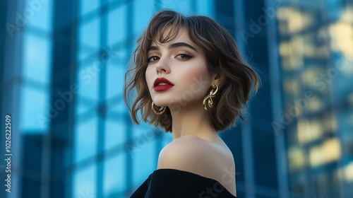 A beautiful business woman with short hair, wearing earrings and black attire, stands in front of a building background, with bright sunshine illuminating her face