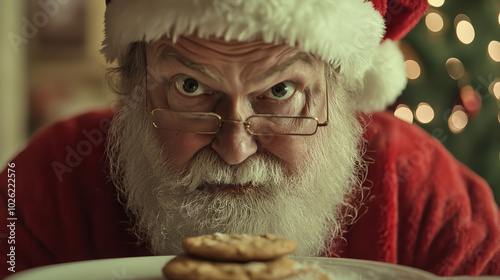 Santa caught sneaking a cookie from a plate meant for him, but with a guilty, slightly smug expression on his face photo