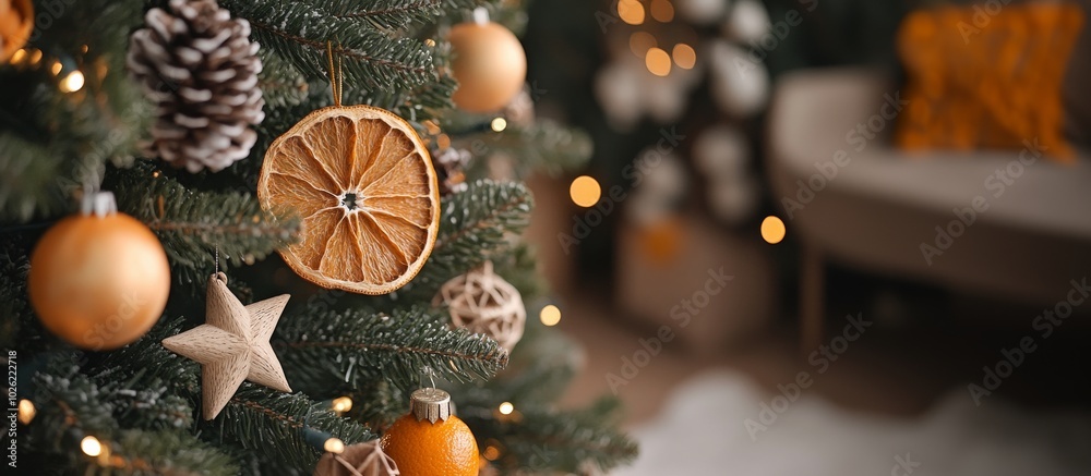 Christmas tree with dried orange slices and wooden stars. Natural eco decor, Swedish mysig. Wide banner, copy space Christmas tree with dried orange slices and wooden stars. Natural eco decor, Swedish mysig. Wide banner, copy space