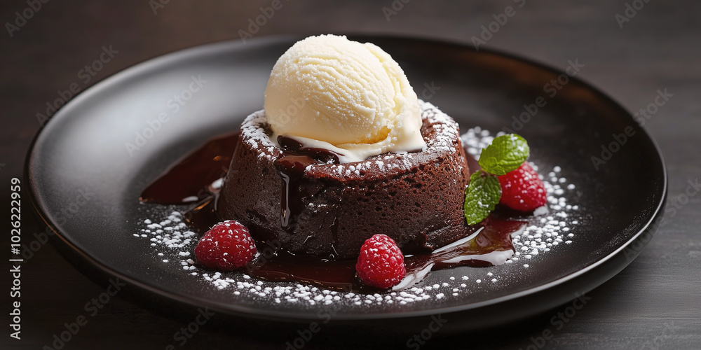 Delicious molten chocolate lava cake with vanilla ice cream and raspberries on a black plate. Delicious molten chocolate lava cake with vanilla ice cream and raspberries on a black plate.