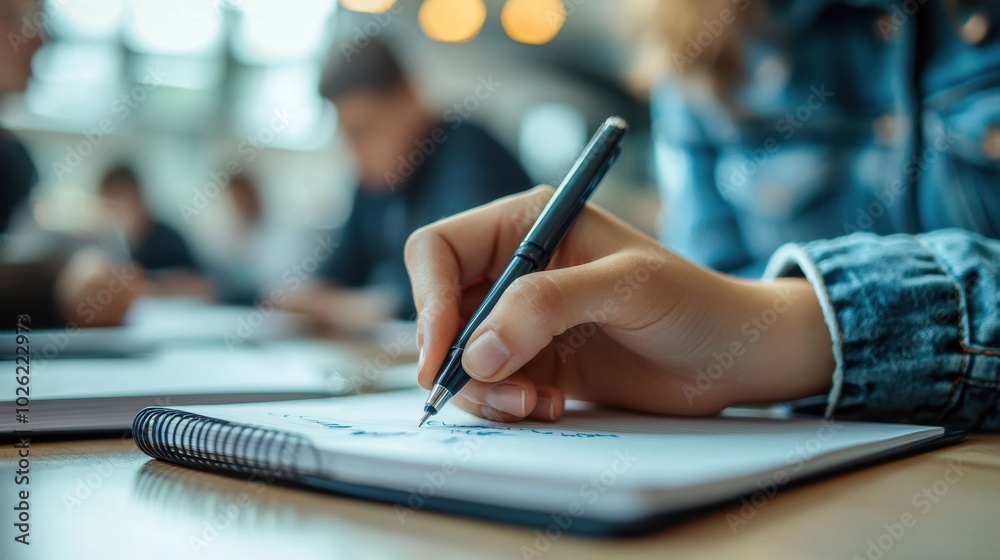 student hand writing in a notebook with the focus on the hand and pen classroom with other students in the background a soft and inspiring atmosphere for learning student hand writing in a notebook with the focus on the hand and pen classroom with other students in the background a soft and inspiring atmosphere for learning