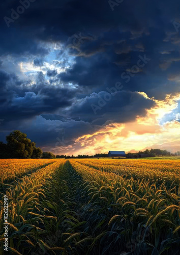 Capturing a stunning agricultural landscape, this image showcases golden fields under a dramatic sky, as the sun sets, creating a serene and picturesque rural scene.